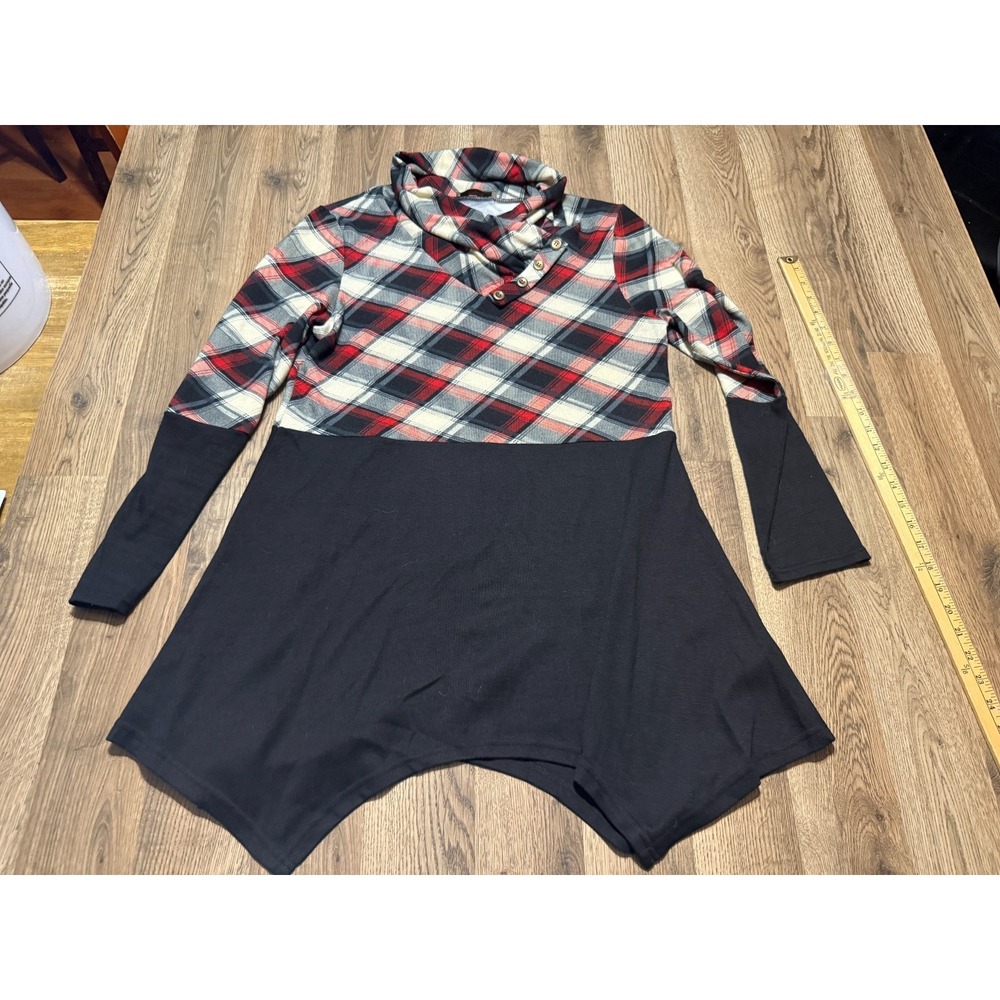 Cestyle Shirt Womens Large Green White Red Plaid Black Quarter Button Turtleneck
